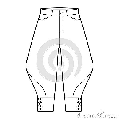 Riding breeches short pants technical fashion illustration with knee length, low waist, rise, curved pocket, buttoned. Vector Illustration