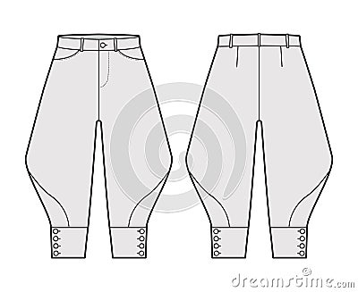 Riding breeches short pants technical fashion illustration with knee length, low waist, rise, curved pocket, buttoned. Vector Illustration