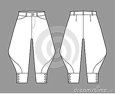 Riding breeches short pants technical fashion illustration with knee length, low waist, rise, curved pocket, buttoned. Vector Illustration