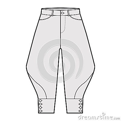 Riding breeches short pants technical fashion illustration with knee length, low waist, rise, curved pocket, buttoned. Vector Illustration