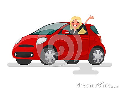 Riding on the machine. Happy blond woman rides in the car. Vector illustration in cartoon style Cartoon Illustration