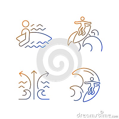 Riding wave using board gradient linear vector icons set Vector Illustration