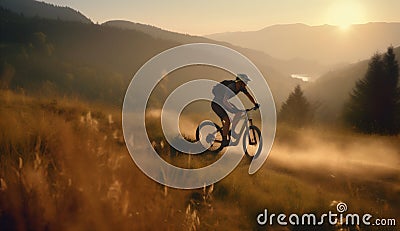 woman bike sunset cycling forest bicycle walking tree summer dark sport. Generative AI. Stock Photo