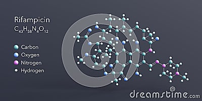 rifampicin molecule 3d rendering, flat molecular structure with chemical formula and atoms color coding Stock Photo