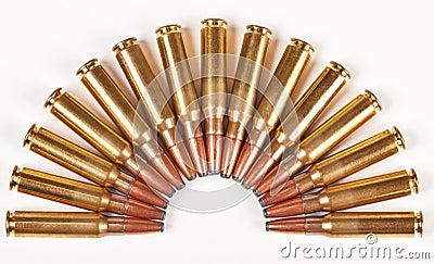 Rifle bullets packed in a half circle Stock Photo