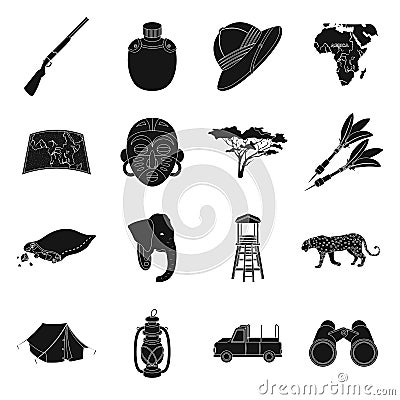 Rifle, mask, map of the territory, diamonds and other equipment. African safari set collection icons in black style Vector Illustration