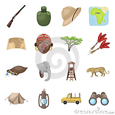 Rifle, mask, map of the territory, diamonds and other equipment. African safari set collection icons in cartoon style Vector Illustration