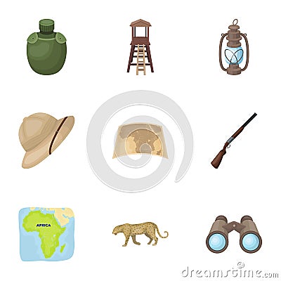 Rifle, mask, map of the territory, diamonds and other equipment. African safari set collection icons in cartoon style Vector Illustration