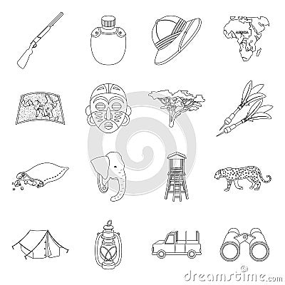 Rifle, mask, map of the territory, diamonds and other equipment. African safari set collection icons in line style Vector Illustration