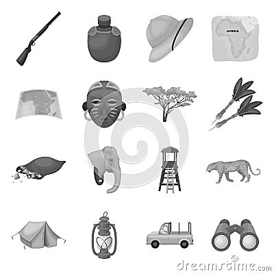 Rifle, mask, map of the territory, diamonds and other equipment. African safari set collection icons in monochrome style Vector Illustration