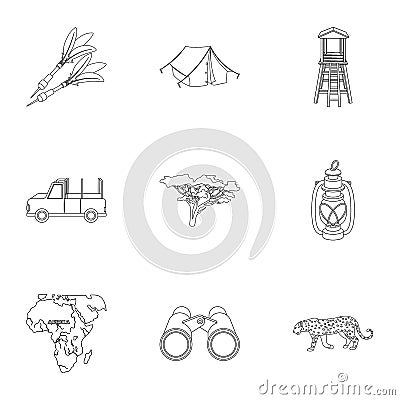 Rifle, mask, map of the territory, diamonds and other equipment. African safari set collection icons in outline style Vector Illustration