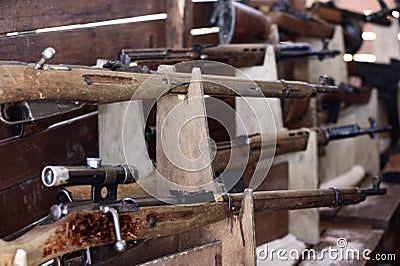 Rifles and shotguns in the tent Stock Photo