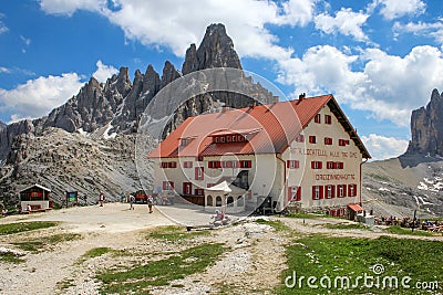 The Rifugio Locatelli and Tre Cime di Lavaredo, Dolomites, Italy Editorial Stock Photo