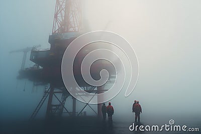 Rig workers work industrial production helmet gas construction oil building crew fog Stock Photo