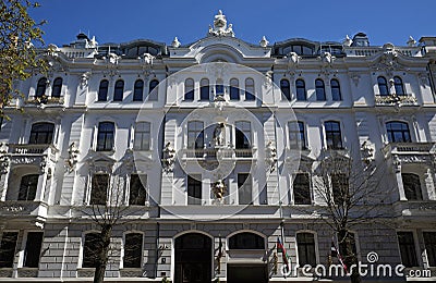 Riga, Ausekla 4, in a historic building with elements of eclecticism and Art Nouveau Editorial Stock Photo