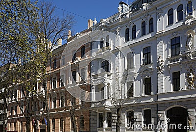 Riga, Ausekla 4-6, historical buildings with elements of eclecticism and Art Nouveau Editorial Stock Photo