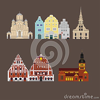 Riga Cathedral, Nativity of Christ Cathedral, House of the Blackheads, St. Peter`s Church sightseeing and Three Brothers Vector Illustration