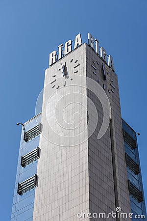 Riga central station clock tower Stock Photo