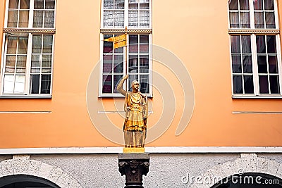 The Golden Knight is located in the courtyard between Valnu and Maza Smilsu streets, Riga, Latvia Editorial Stock Photo