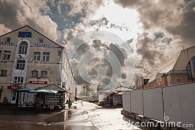 RIGA, LATVIA - AUGUST 23, 2023: Panorama of decaying buildings of Centraltirgus, Riga Central market, a landmark and a symbol of Editorial Stock Photo