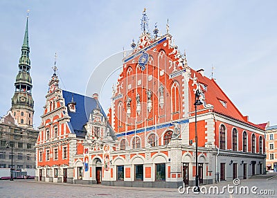 Riga, Latvia. Blackheads House at Town Hall Square in Riga Editorial Stock Photo