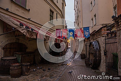 RIGA, LATVIA: Medieval restaurant Rozengrals on Rozena iela street in Riga. Vinarium Civitatis Rigensis in the old town of Riga. Editorial Stock Photo