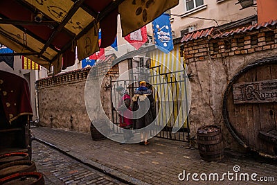 RIGA, LATVIA: Medieval restaurant Rozengrals on Rozena iela street in Riga. Vinarium Civitatis Rigensis in the old town of Riga. Editorial Stock Photo