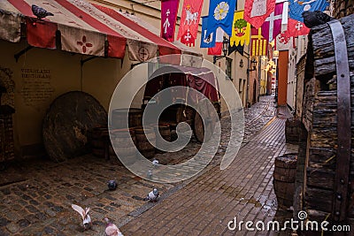 RIGA, LATVIA: Medieval restaurant Rozengrals on Rozena iela street in Riga. Vinarium Civitatis Rigensis in the old town of Riga. Editorial Stock Photo