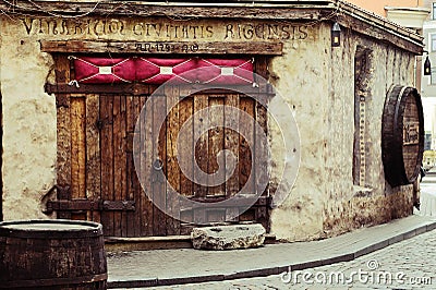 Riga, Latvia. Door of medieval restaurant Rozengrals, Vinarium Civitatis Rigensis, in the old town of Riga. Editorial Stock Photo
