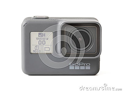 RIGA, LATVIA - February 24, 2017: GoPro camera HERO5 session combines 4K video, one-button simplicity and voice control all in a s Editorial Stock Photo
