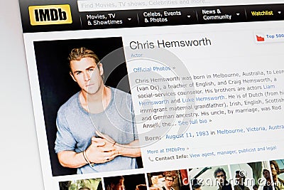 RIGA, LATVIA - February 02, 2017: IMDb biography profile of famous actor Chris Hemsworth. Editorial Stock Photo