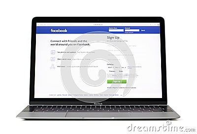 RIGA, LATVIA - February 06, 2017:Login pace for social media giant facebook.com on 12-inch Macbook laptop computer Editorial Stock Photo