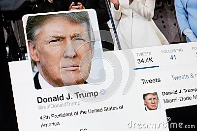 RIGA, LATVIA - February 02, 2017: President of United States of America Donald Trump Twitter profile. Editorial Stock Photo