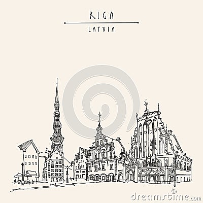 House of the Blackheads, St. Peters Church and statue of Roland in Riga old town, Latvia, Europe. Hand drawn postcard in vector Stock Photo