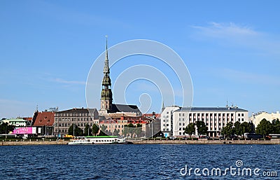 Riga, Latvia, 15 July, 2015. Small cruise boat Jurmala in river Daugava. Editorial Stock Photo