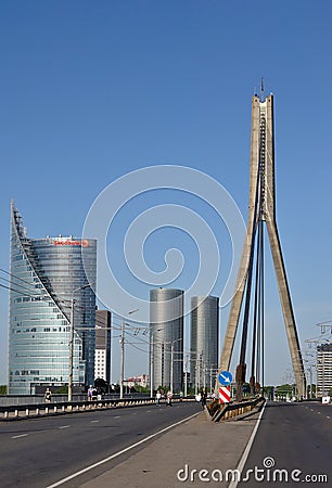 Riga, Latvia - May 19 2019: Swedbank photographed from middle of Vansu Bridge Editorial Stock Photo