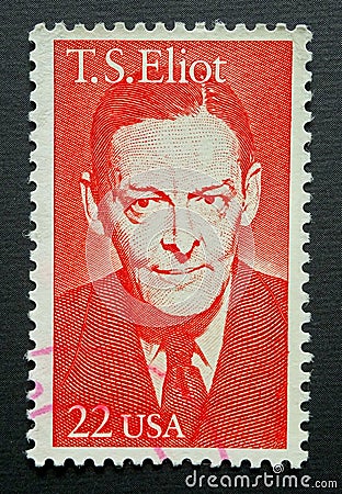 Riga, Latvia - May 10, 2019: T S Eliot American poet stamp Editorial Stock Photo