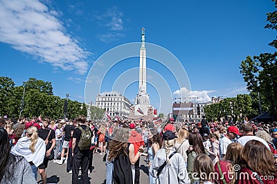 Riga, Latvia - 29 May 2023: Welcoming home the bronze hockey team of Latvia. Latvian fans celebrate the hockey festival Editorial Stock Photo