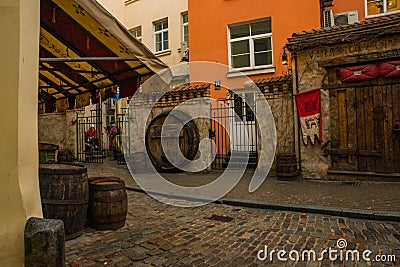 RIGA, LATVIA: Medieval restaurant Rozengrals on Rozena iela street in Riga. Vinarium Civitatis Rigensis in the old town of Riga. Editorial Stock Photo