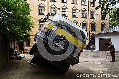 Mercedes Benz Ateco truck with building refuse container crashed Editorial Stock Photo