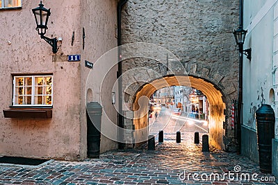 Riga, Latvia. Swedish Gate Gates Is A Famous Landmark. Old Arch Editorial Stock Photo