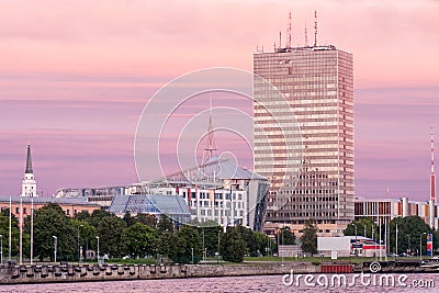Riga skyline, view from Daugava river at sunset Editorial Stock Photo