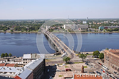 Riga. The top view on Ratushnuyu Square, Dvina and stone bridge Stock Photo