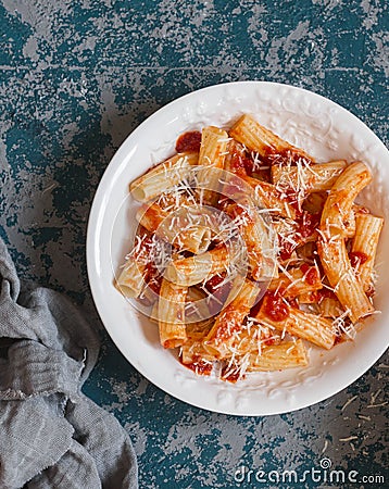 Rigatoni with tomato sauce. Delicious mediterranean lunch Stock Photo