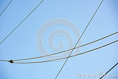 Rigging rope system with pulley in the blue sky Stock Photo