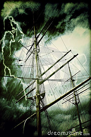 Rigging of a tall sailing ship in rain and thunderstorm Stock Photo