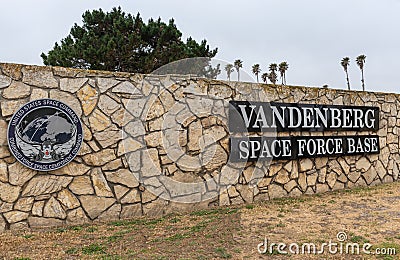 Right angle closeup of Vandenberg Space Force sign, Lompoc, CA, USA Editorial Stock Photo