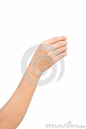 Right back hand of a man trying to reach or grab something. fling, touch sign. Reaching out to the left. isolated on white Stock Photo