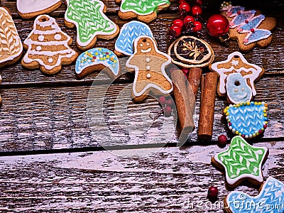 Right-hand angle of Christmas cookies on wooden table. Stock Photo