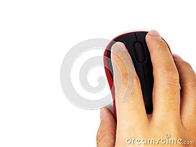 Right hand clicking black red mouse, white background isolated Stock Photo